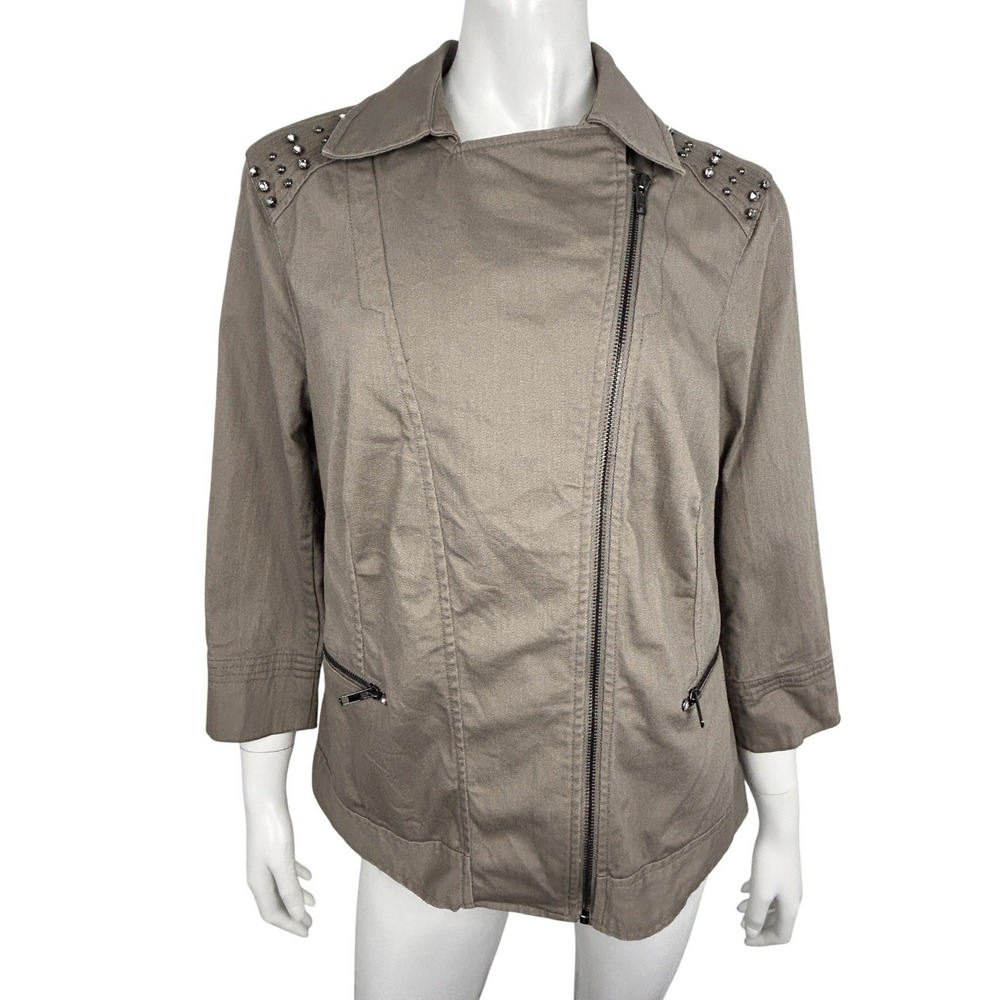 Kerrybrooke Moto Jacket Womens L Taupe Studded‎ Rhinestone Zip Stretch